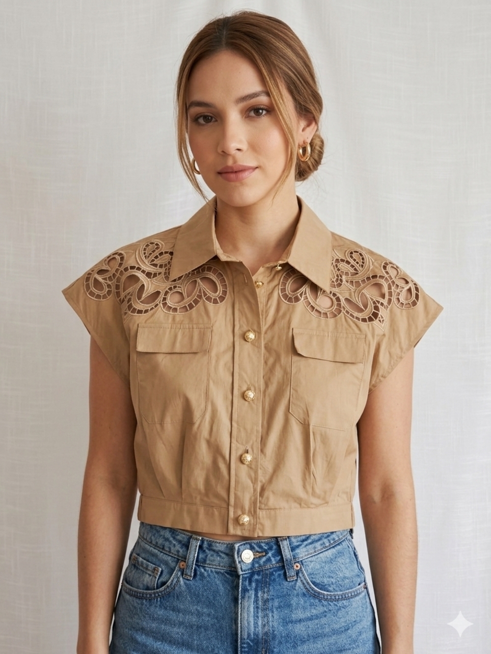 GALITA Camel Cropped Button-Up Shirt with Cutout Embroidery Details - Size S - Picture 2 of 11